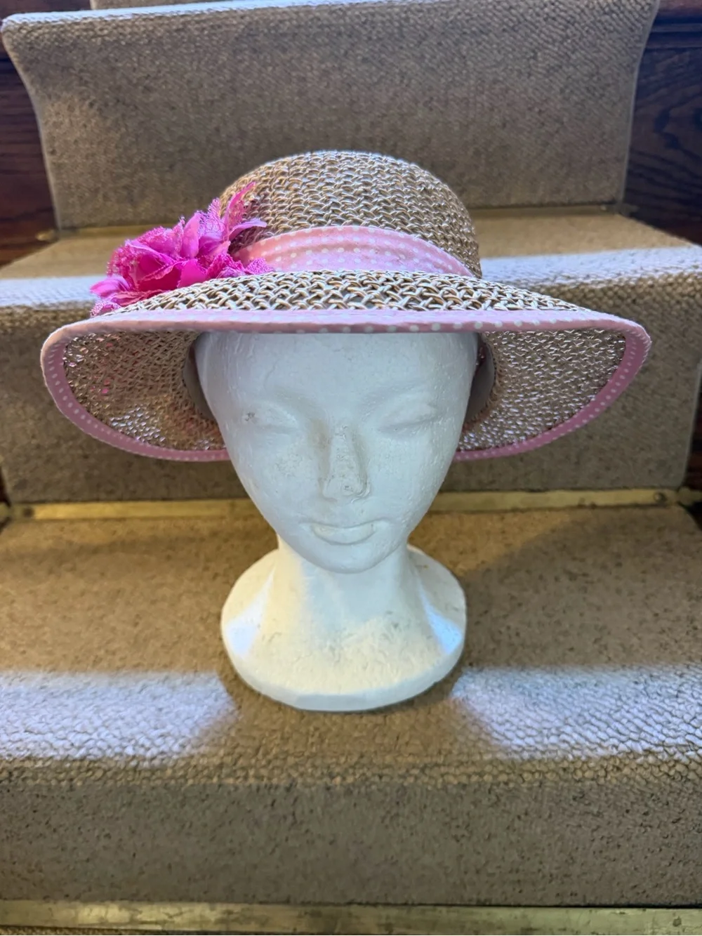 Straw Sun Hat with Pink Trim and Flower